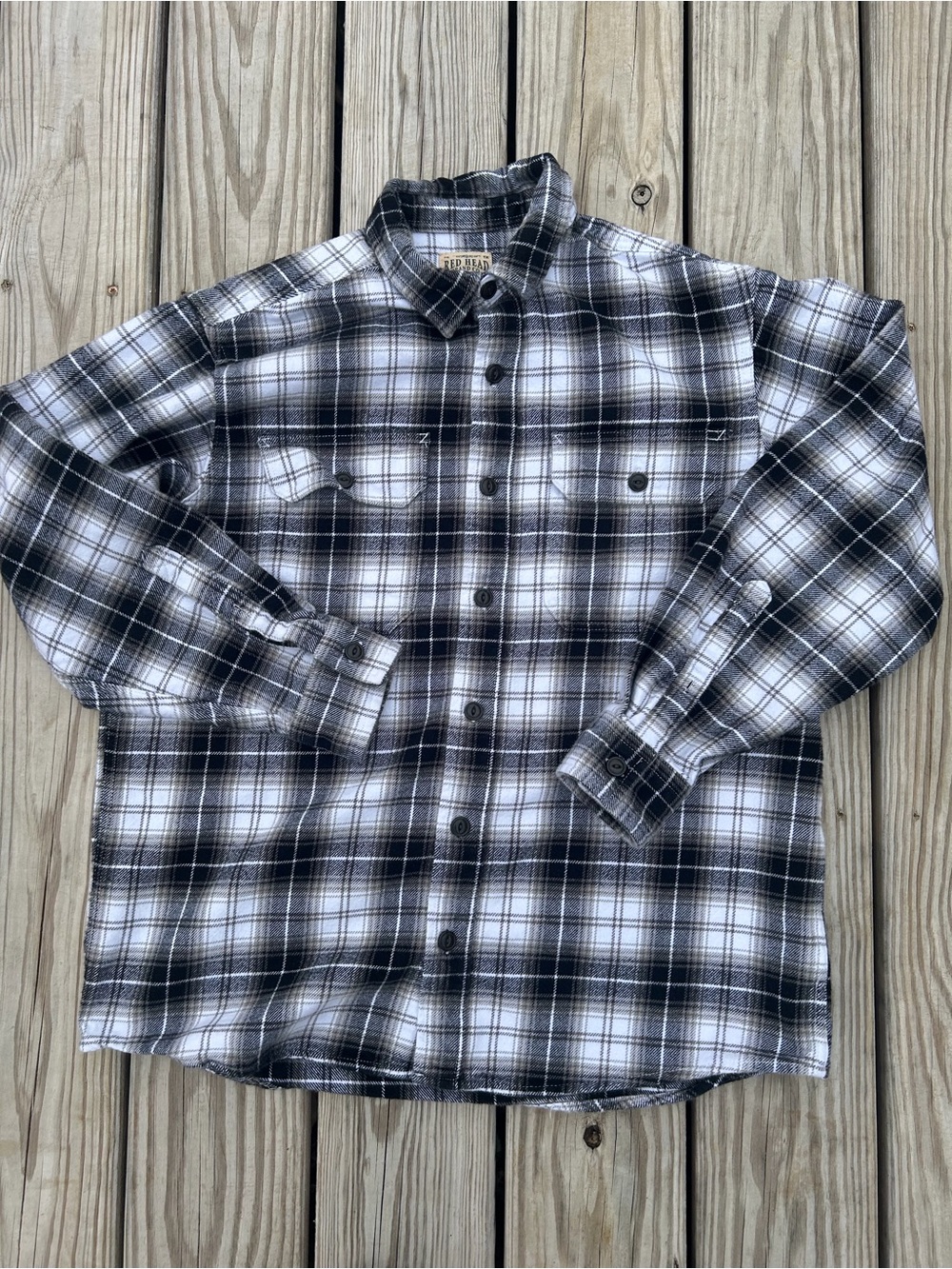 RedHead Long Sleeve Flannel Mens Large  Black White‎ Buffalo Plaid Button
